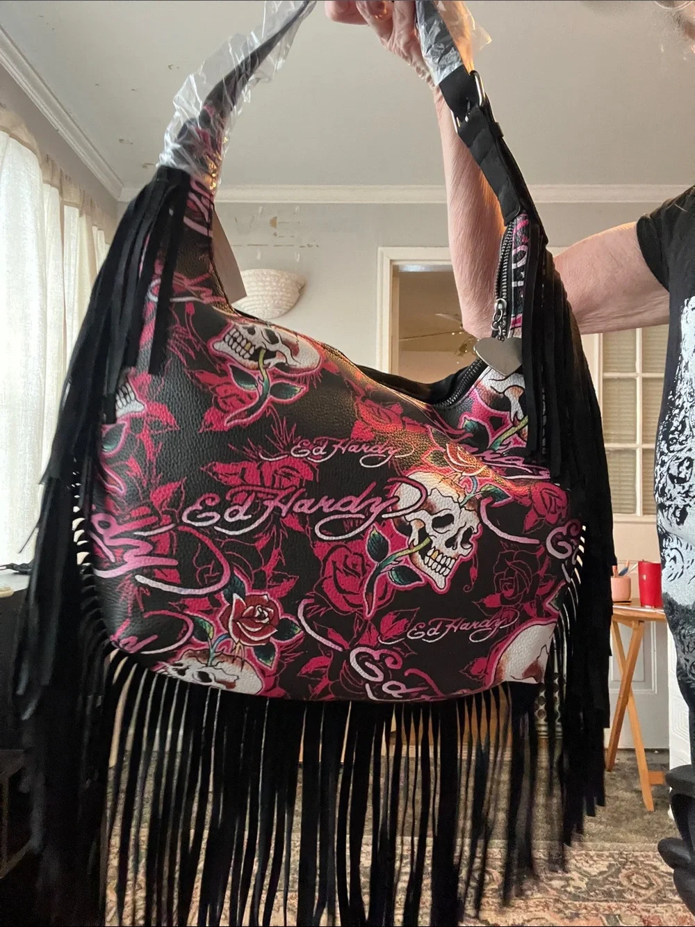 Ed Hardy Black & Pink Rose Skull Fringe Shoulder Bag
